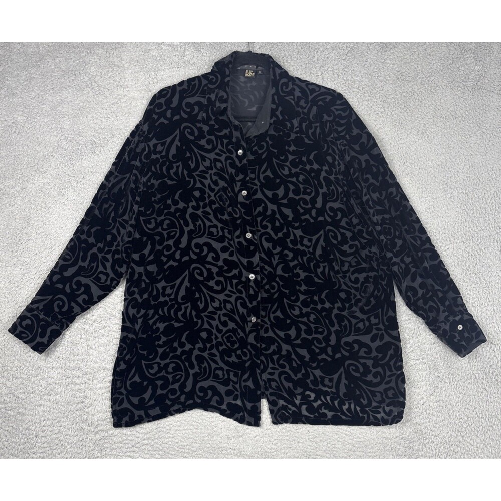 Tesori Black Silk Blend Floral Scroll Velvet Button Down Blouse Size M Holidays